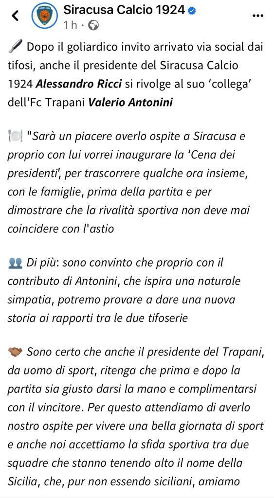 La risposta altrettanto sportiva e distensiva del presidente del Siracusa 1 Risposta del Presidente del Siracusa ad Antonini