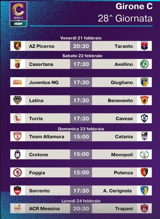 SERIE C, GIRONE C. INIZIA OGGI LA 28^ GIORNATA. IL CALENDARIO COMPLETO 1 156d0e38 ad94 4216 b11a b828a90ce8f9